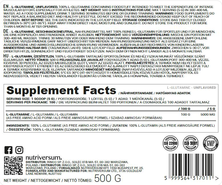 L -glutamine poeder - 500 gram