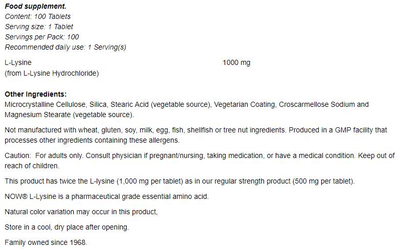 L-Lysine 1000 mg - 100 Tablets
