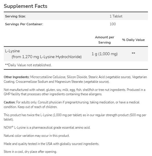 L-Lysine 1000 mg - 100 Tablets