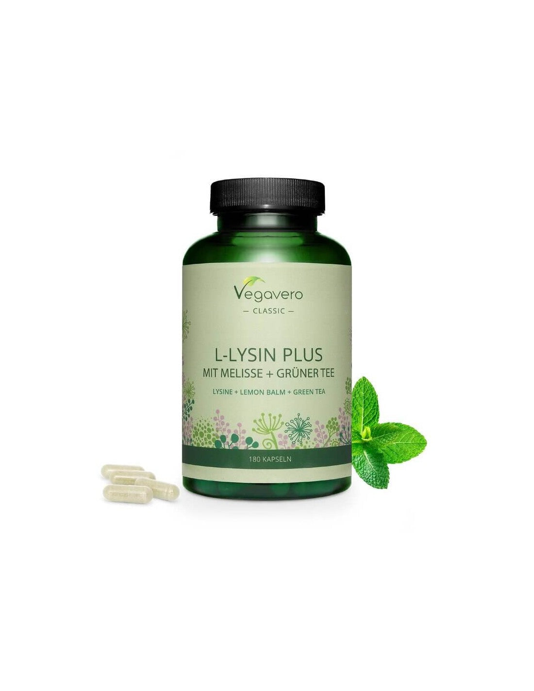 L-lysin plus mit melisse + grünter tee/ L-lysin + lemon balm and green tea, 180 capsules, 100% Vegan Vegavero