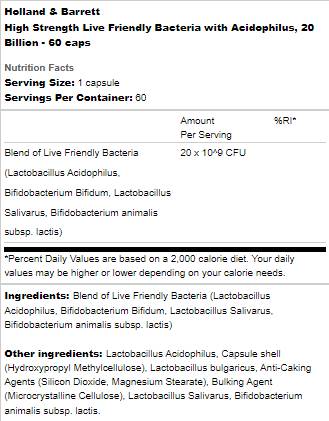 Live Friendly Bacteria with Acidophilus | High Strength 20 Billion - 60 capsules