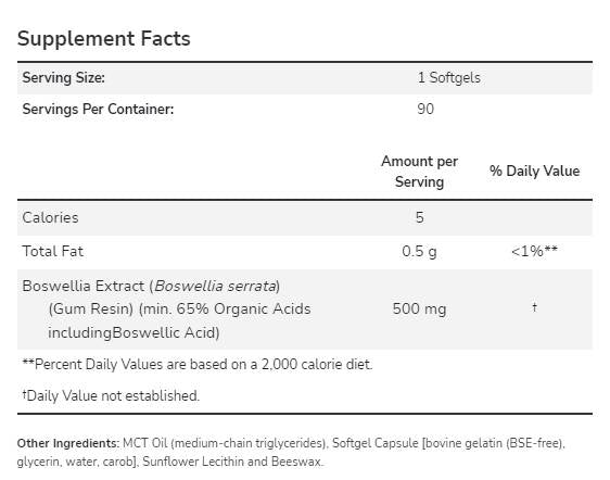 Extrato de Boswellia 500 mg - 90 cápsulas de gel