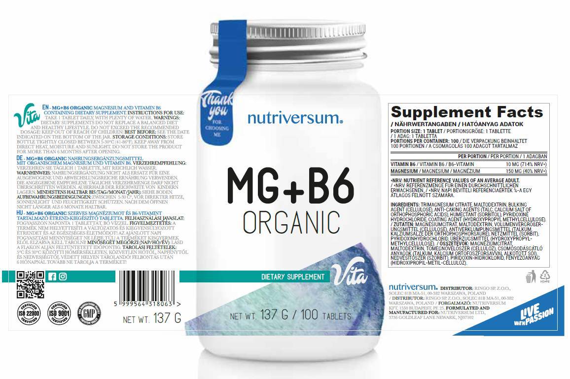 MG + B6 | Organic Magnesium + Vitamin B6 - 60 Tablets