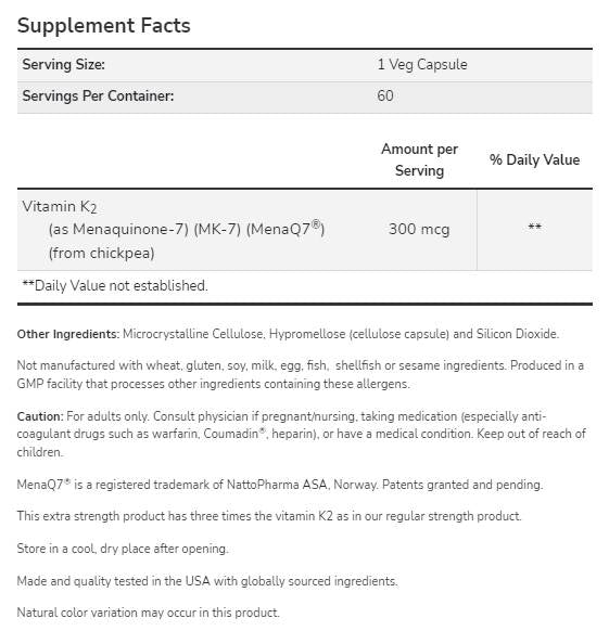 MK-7 Vitamina K-2 300 mcg | Força extra Menaq7® - 60 cápsulas