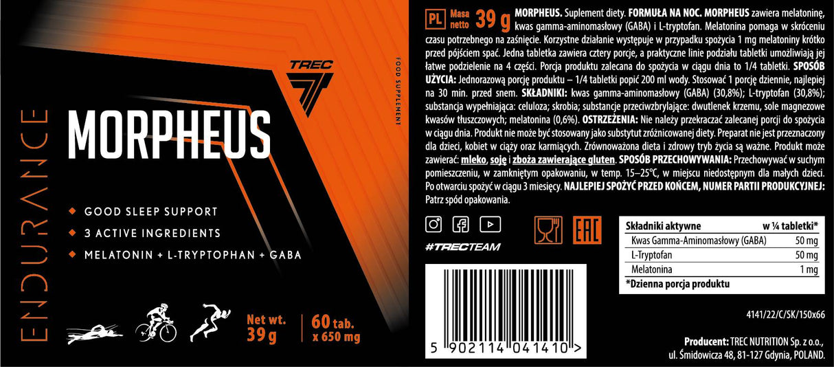 Morpheus Endurance | Suport de noapte bună cu melatonină, L-triptofan și Gaba - 60 de tablete