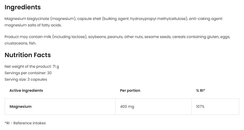 Glicinato de magnesio | 400 mg de porción de Magnesiuim bisglicinate 90 cápsulas