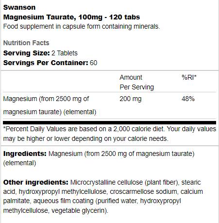 Magnesium Taurate 100 mg - 120 Tablets