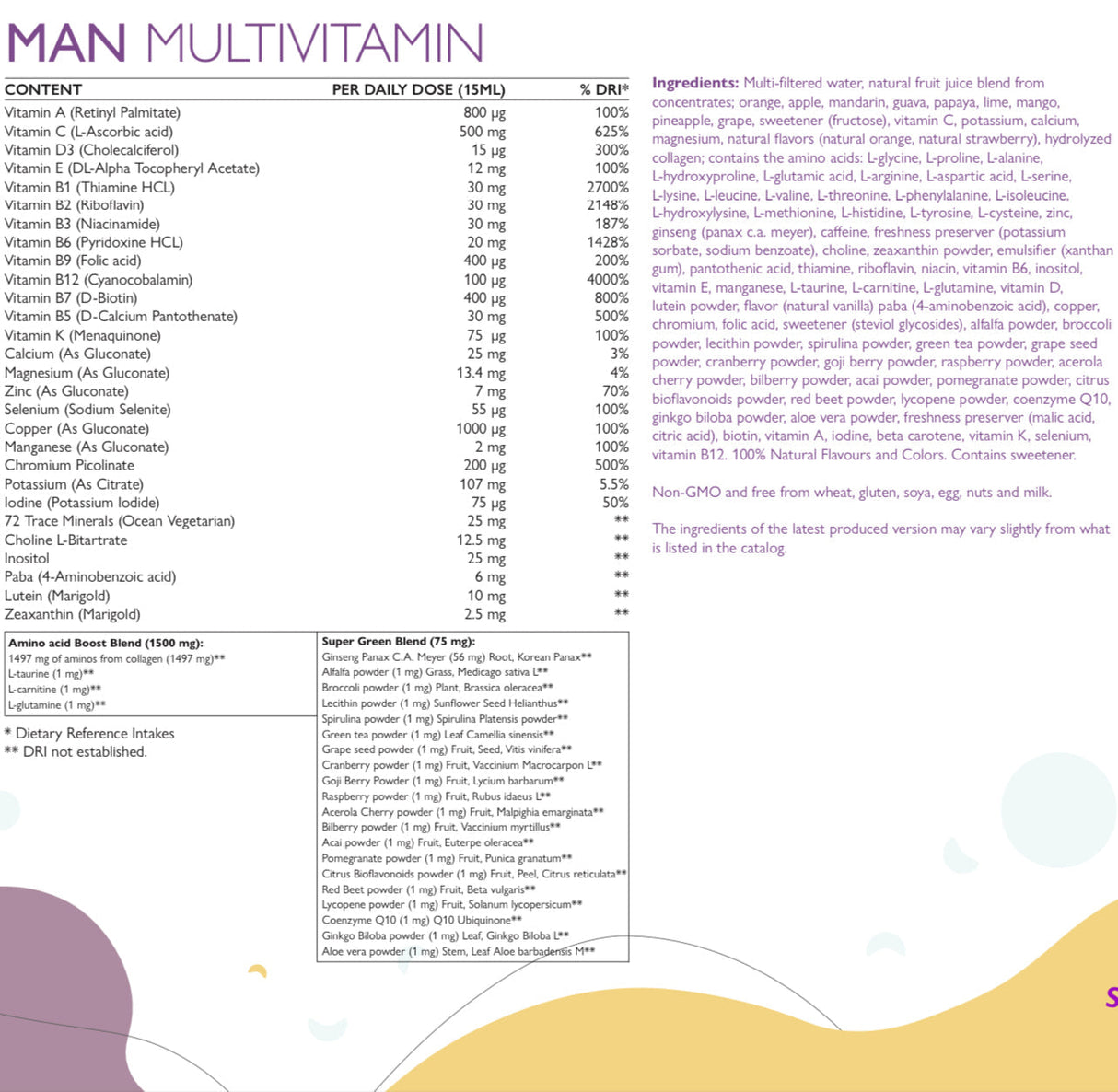 Man multivitamines voor mannen met collageen 1497 mg - 147 actieve ingrediënten /500 ml /
