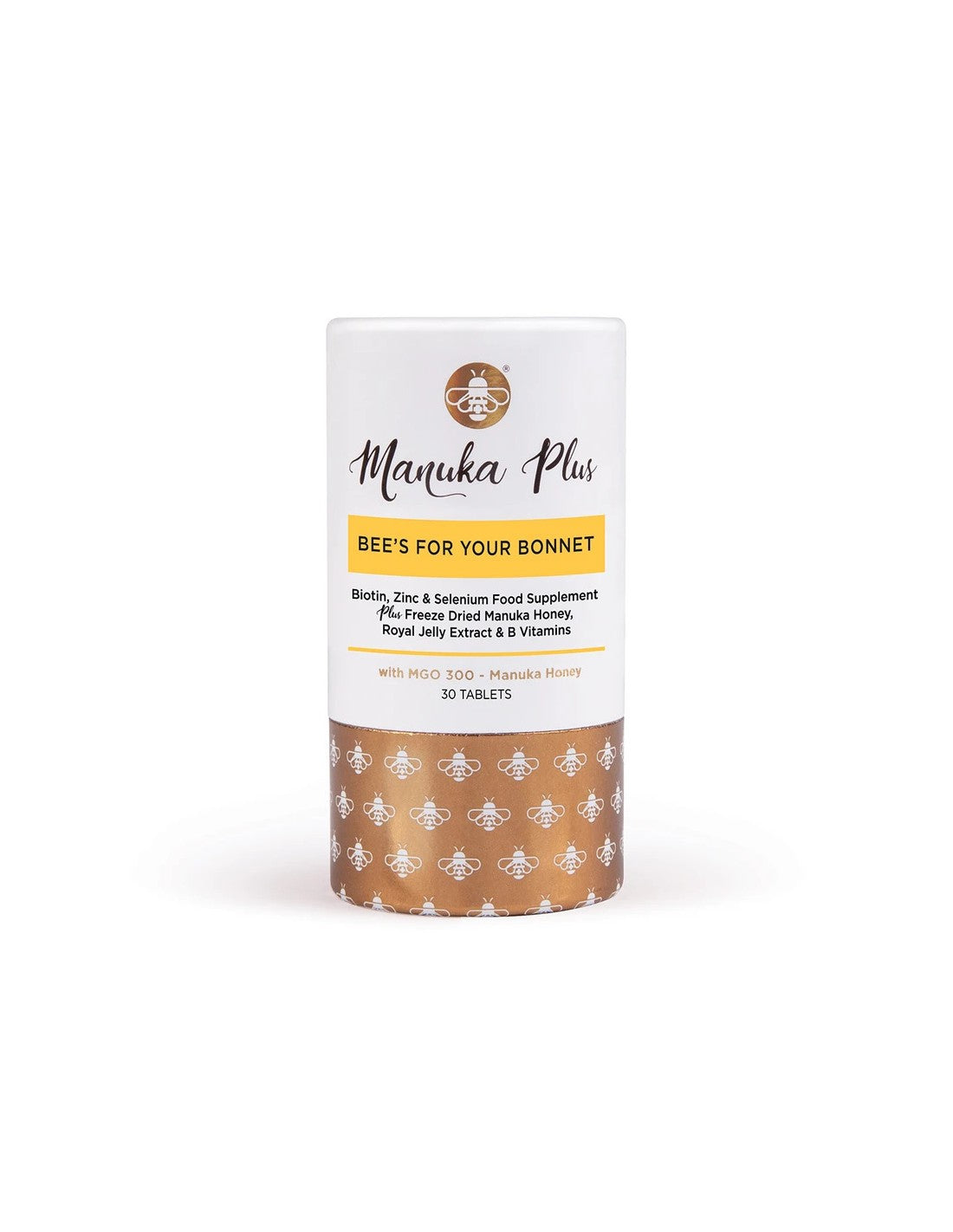 Manuka Plus® Bee's pro vaši kapotu/ vzorec pro vlasy, kůži a nehty s medem z tabletů Manuka MGO 300 x 30