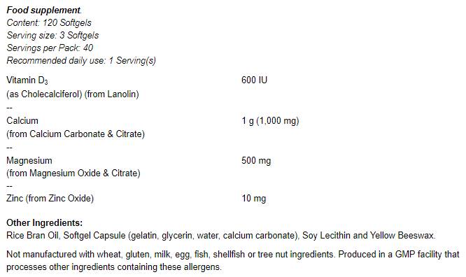 Softgels de cálcio e magnésio / com vit D e zinco - 120 cápsulas de gel