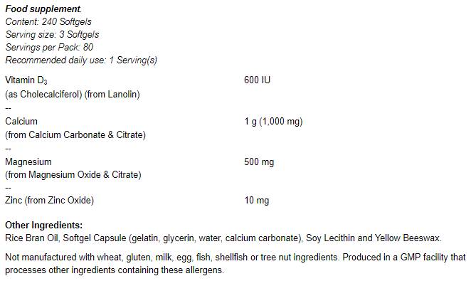 Softgels de cálcio e magnésio / com vit D e zinco - 120 cápsulas de gel