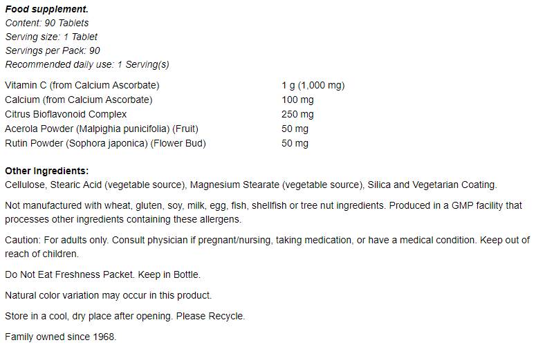 Vitamin C -1000 Komplex - Buffer mat 250 mg Bioflavonoiden - 180 Pëllen