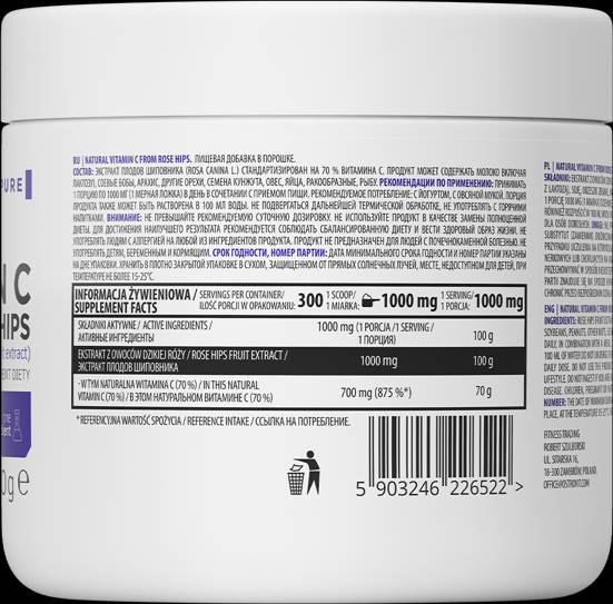 Natierlech Vitamin c Pudder / vu Rose Hüften 300 Gramm