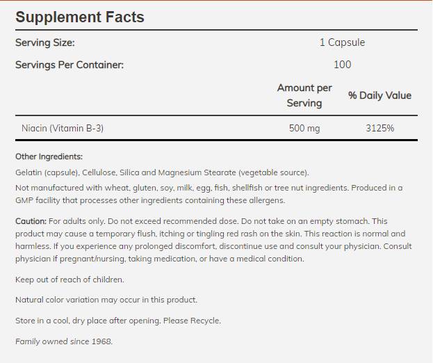 Niacin 500 mg - 100 capsules
