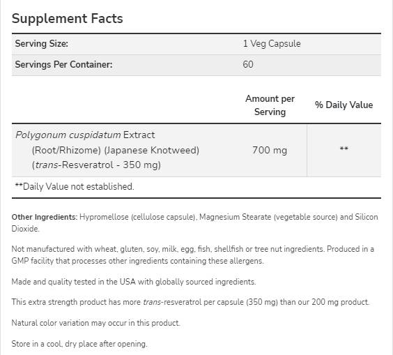 Resveratrol 350 mg | Força extra - 60 cápsulas