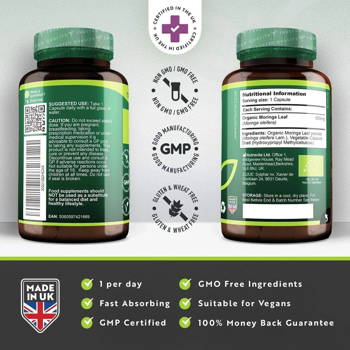 Moringa orgánica - Bio Moringa 600 mg 120 Cápsulas veganas