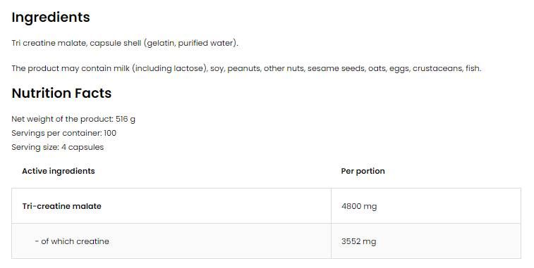 Tri kreatiinmalate / TCM 1200 mg - 180 kapslit