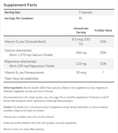 Cal-Mag DK | Kaltsium, magneesium, vitamiin D3 + K2 - 180 kapslit