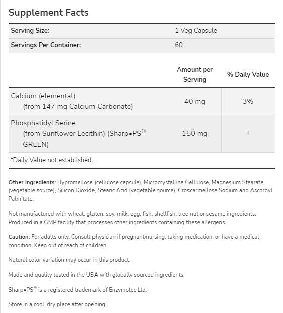 Fosfatidil serina 150 mg | Free de soya - 60 cápsulas