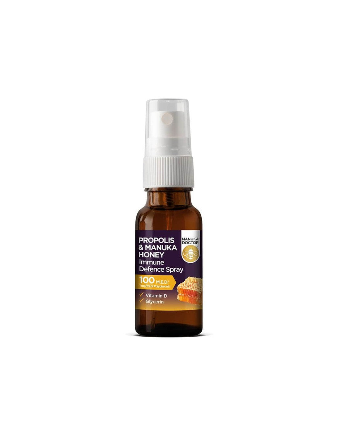 Propolis & Manuka Honey Immune Defense Spray 100 M.E.D.® / Ústní sprej s medem Manuka, propolis a vitamínem D, 20 ml