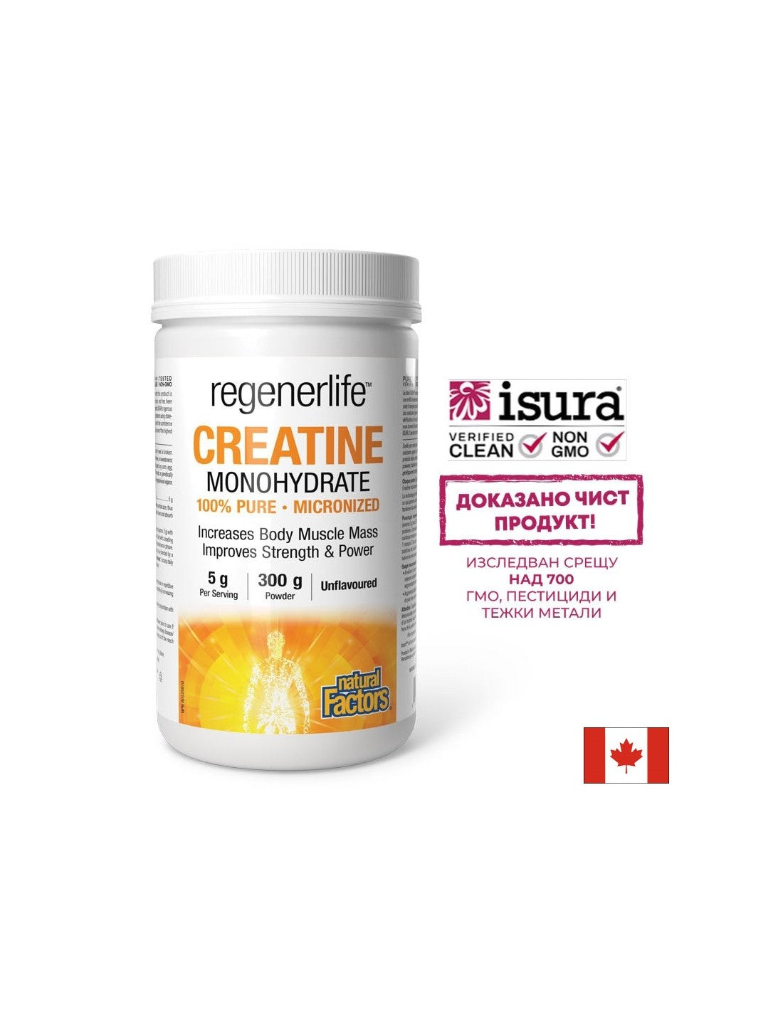 Creatine Monohydrate (Micronized) Regenerlife™ - Strength, Endurance and Muscle Performance, 5000 mg x 300 g powder