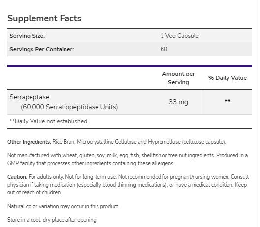 Serrapeptase 60,000 SPU [60 capsules, 60 doses]