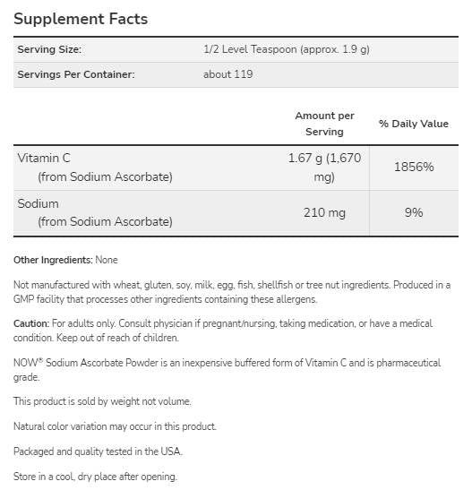 Sodium Ascorbate Powder | Pure, Buffered Vitamin C - 227 grams