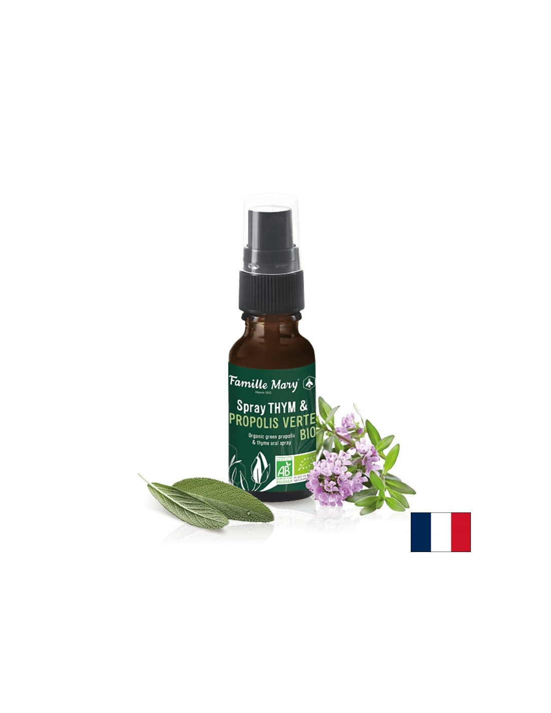 Spray tymiánu a propolis verte Bio / Throat Spray s tymiánem, zelený propolis a šalvěj, 20 ml Famille Mary