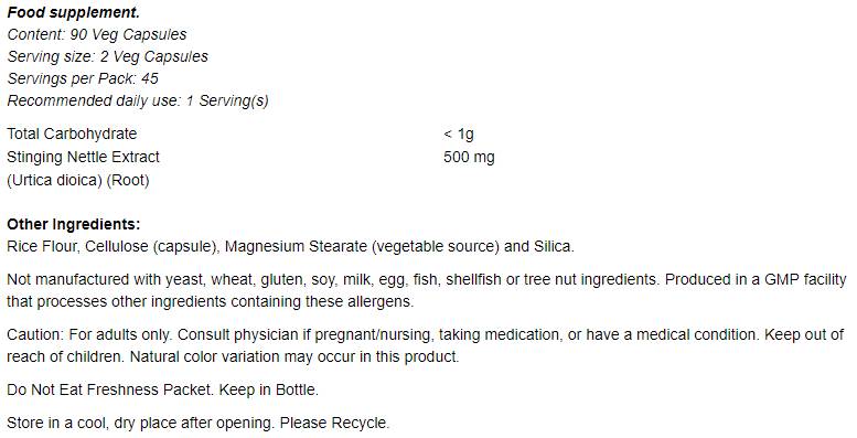 Stinging Nettle Root Extract 250 mg - 90 capsules