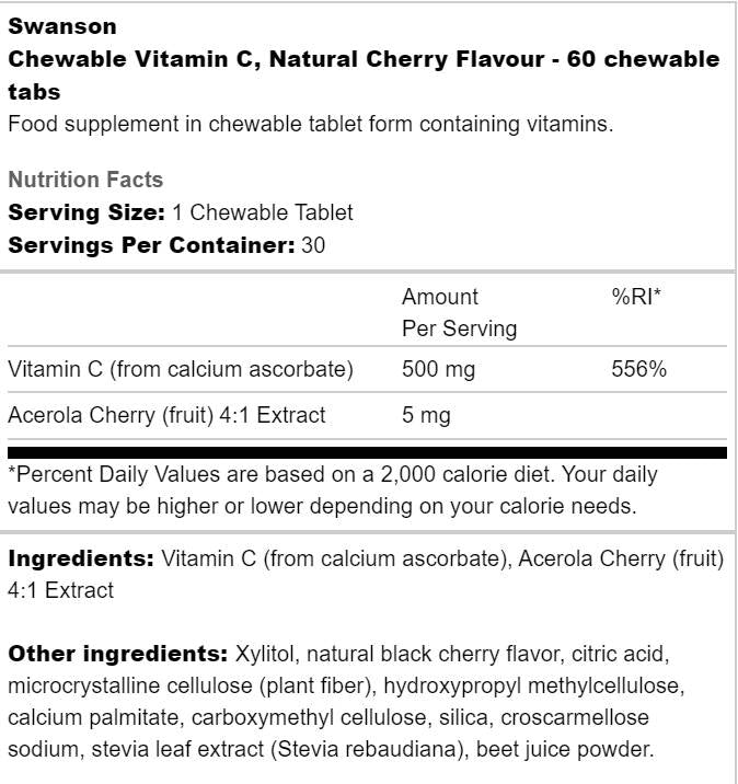 Sugar-Free Chewable Vitamin C 500 mg 60 Tablets