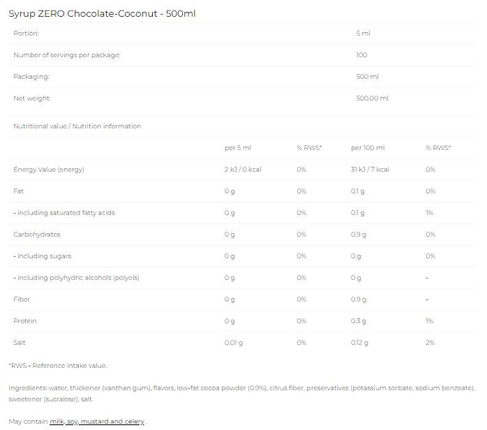 Syrup Zero - Chocolate Coconut - 500 ml