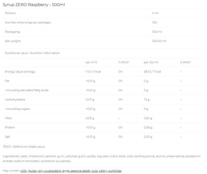 Syrup Zero - Raspberry - 500 ml