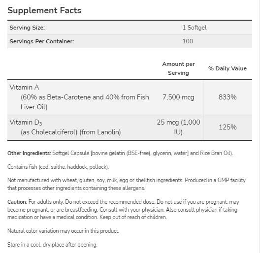 Ultra A & D-3 | A -vitamiin 25 000 ja D -vitamiin 1000 RÜ - 100 geeli kapslit