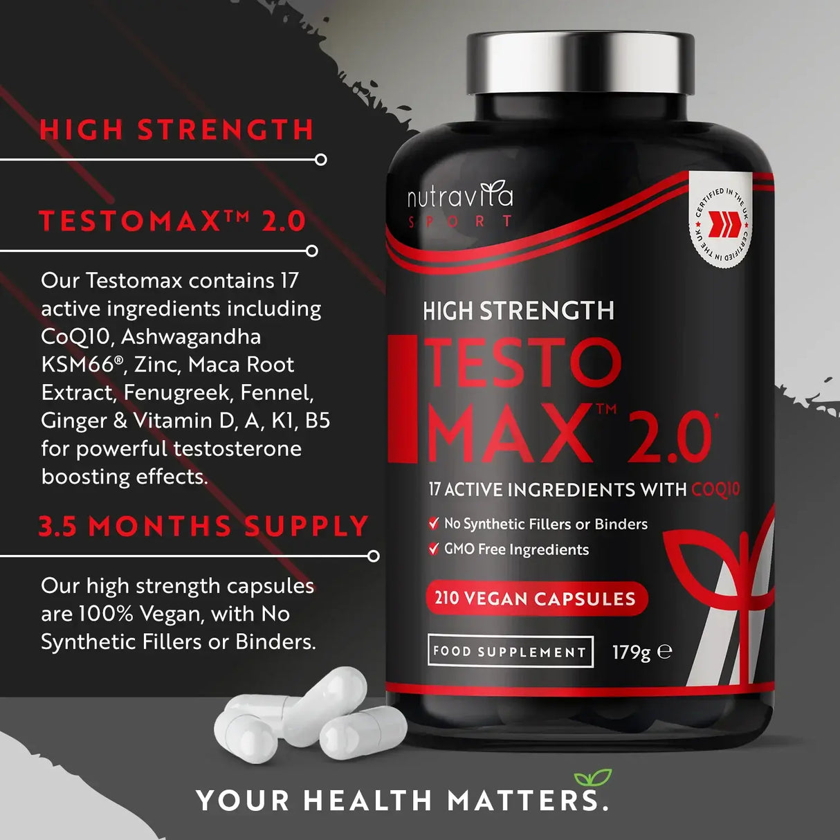 TESTOMAX™ 2.0 /210 capsules, 105 dagen/ met Ashwagandha KSM 66®, CoQ10 &amp; Maca-wortel <tc>Nutravita</tc>