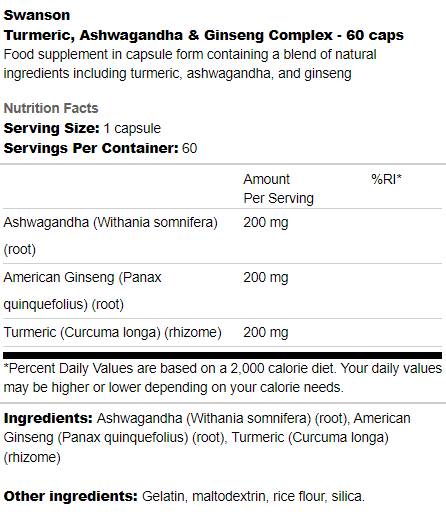 Turmeric, Ashwagandha and Ginseng Complex 60 capsules