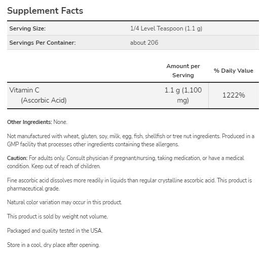 Vitamin C | Ascorbic Acid - Pharmaceutical Grade - 454 grams