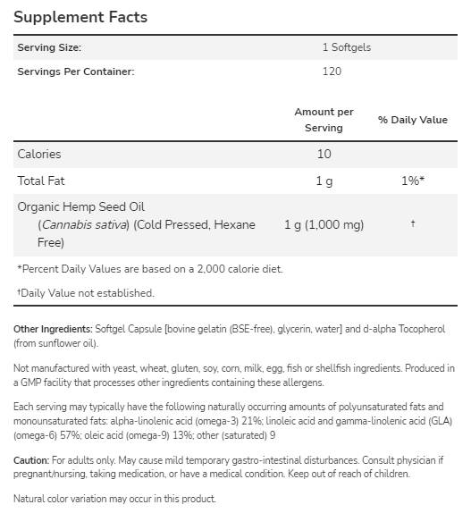 Óleo de semente de cânhamo 1000 mg - 120 cápsulas de gel