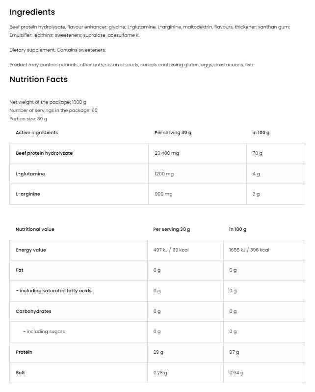 Rëndfleesch Protein | Héchste Qualitéit Rëndfleesch Protein Hydrolyzate - 1800 Gramm