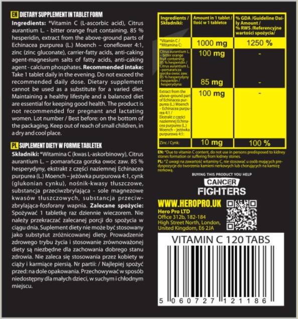 Vitamin C 1000 mg + Bioflavonoids | with Echinacea + Zinc - 120 Tablets
