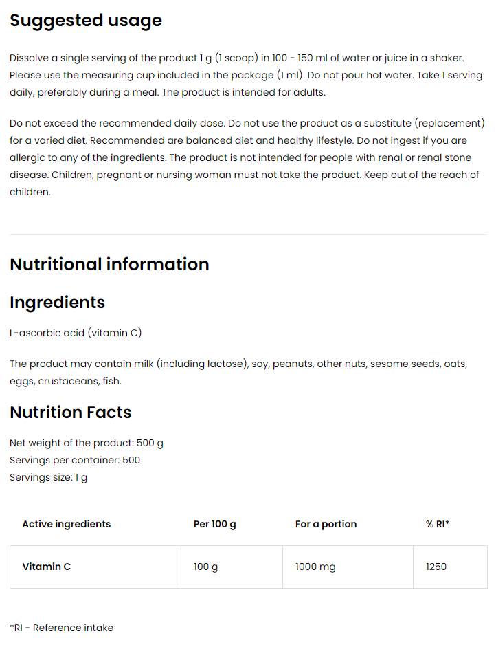 100% de vitamina C em pó - 500 gramas