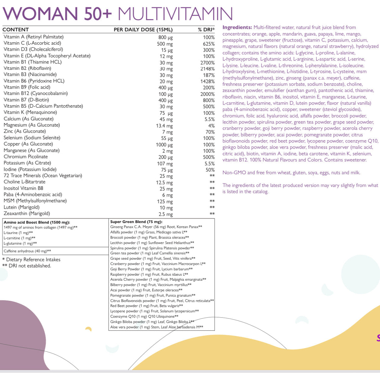 Fraen 50+ Multivitaminins fir Fraen mat Kollagen 1497 mg - 149 Active Zutaten / 500 ml /