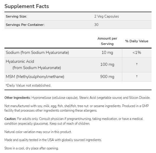 Acide hyaluronique 50 mg | avec MSM - 120 capsules