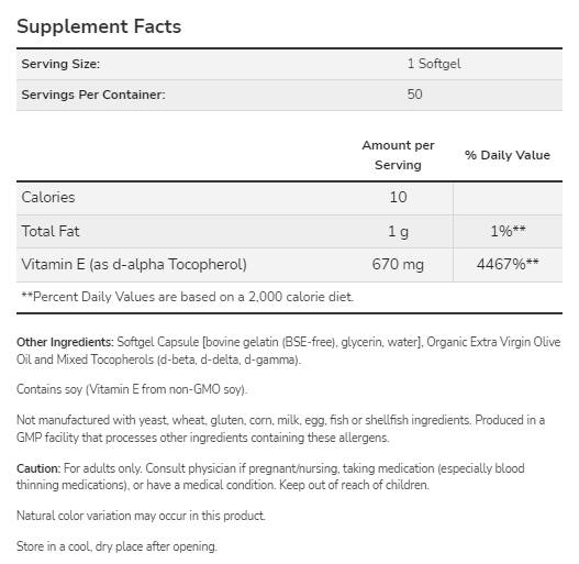 Vitaminas E -1000 Natūrali - 50 gelio kapsulės