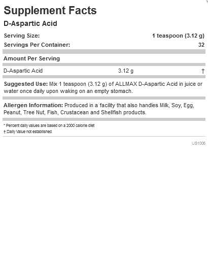 D -ASPARTIC ACID / DAA Powder - 100 grams