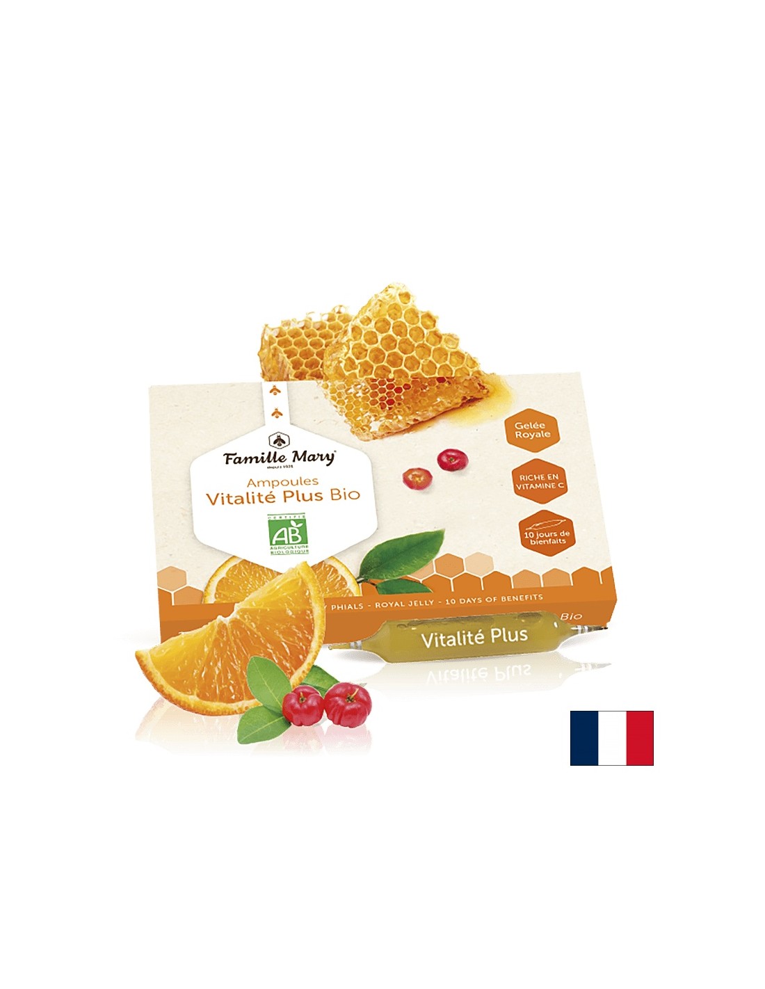 Ampoules Vitalité Plus Bio Jus D'Oranva Acerola / Vitalité Plus Bio z Royal Jelly, Orange in Acerola, 10 PCS. Famille Mary, ki pije ampule