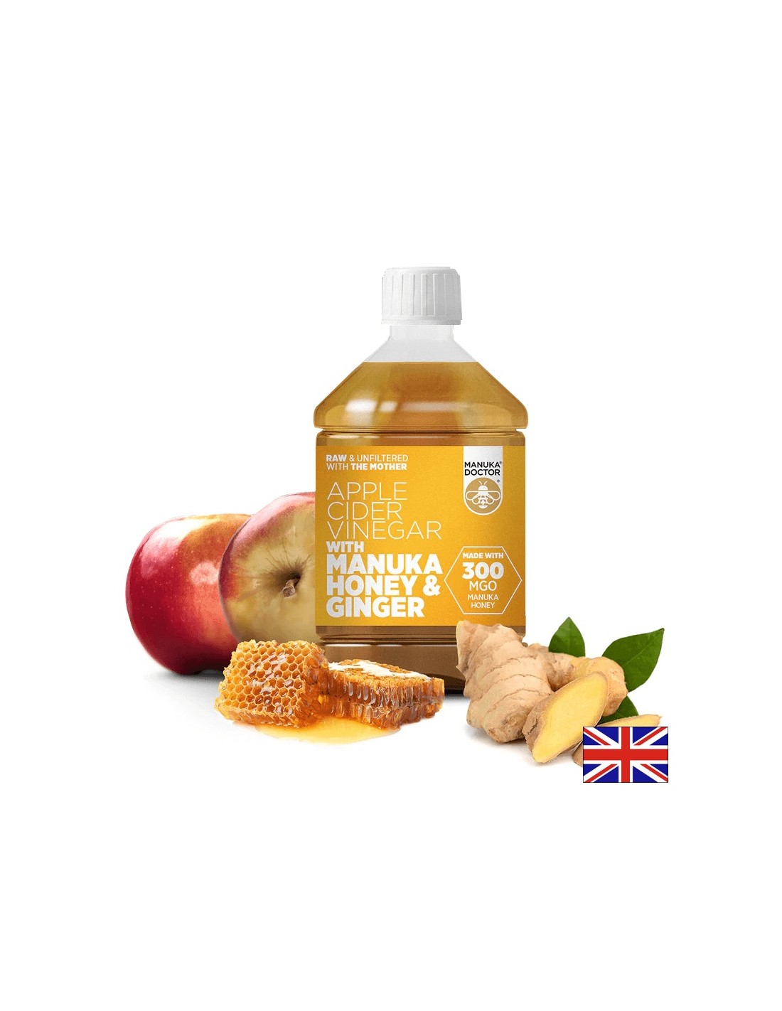 Obuolių sidro actas + medus ir imbiero medus - obuolių sidro actas su „Manuka Honey & Ginger“ (300 mgo), 500 ml