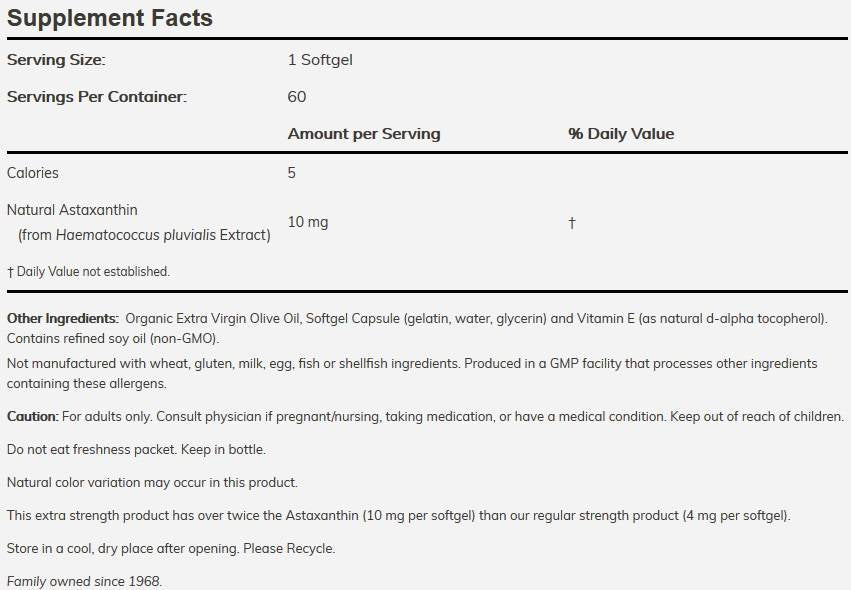 Astaxanthin 10 mg Extra Strength - 30 gel capsules