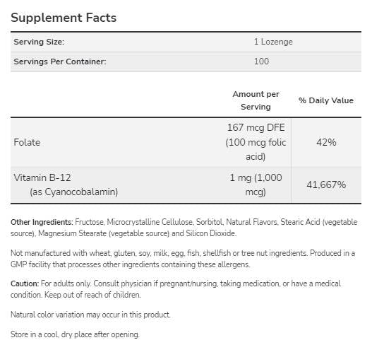 Vitamin B-12 1000 MCG | With Folic Acid - 250 sublingual tablets