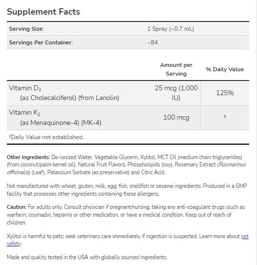 Vitamin D-3 1000 IU & K-2 100 MCG | Liposomal Spray - 59 ml