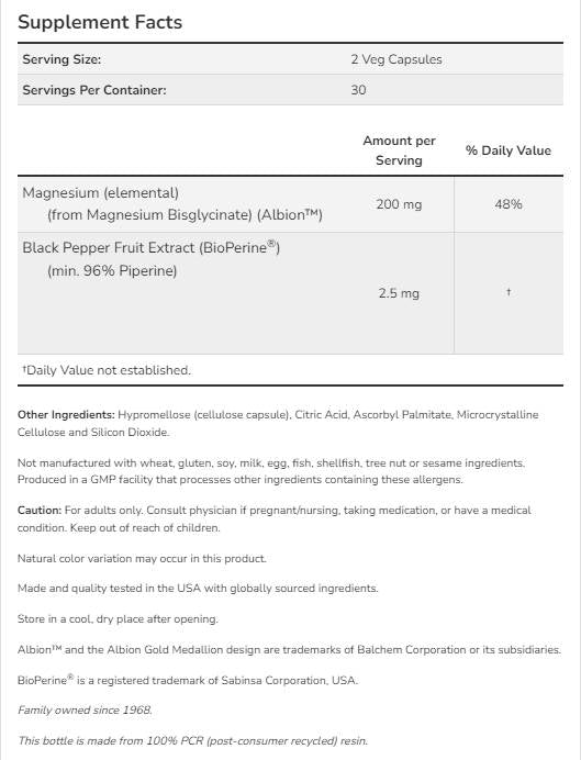 Glicinato de magnésio com bioperina® - 60 cápsulas